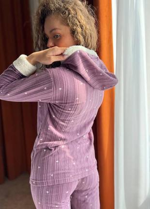 Пижама женская кофта и брюки принт сердечки махра флис туречня 3 цвета9 фото