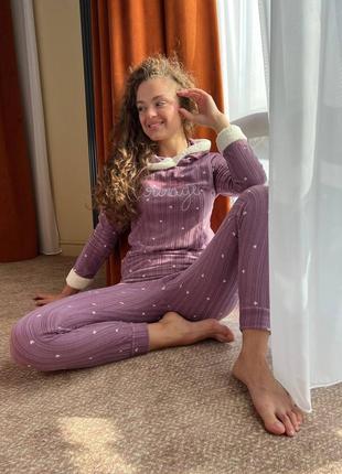 Пижама женская кофта и брюки принт сердечки махра флис туречня 3 цвета3 фото