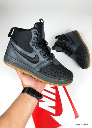 Зимові чоловічі кросівки nike jordans outfits 1 duckboot cork black grey fur чорного з сірим кольорів з хутром