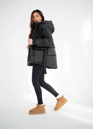 Пуховик черный с поясом теплая куртка зимняя6 фото