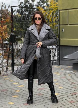 Зимняя двусторонняя куртка двухцветная пальто двустороннее зимнее пальто с поясом прошитое9 фото