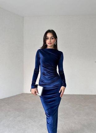 Оксамитова вечірня сукня міді синього кольору s m l xl 🖤 вечірнє плаття з бархату1 фото