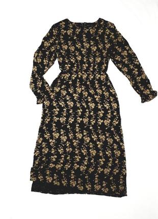 Сукня міді з довгими рукавами з кишенями чорна у жовтих квітах р s