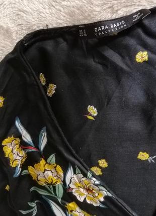 Чёрная блуза в цветы на запах с поясом декольте вискоза новая зара6 фото