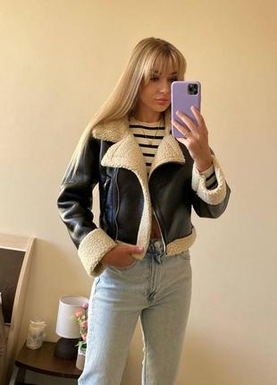 Вкорочена дублянка барашек s m l 🤎 шкірянка укорочена дублянка на хутрі