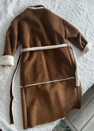 Пальто дублянка зимова/осіння коричнева з бежевим 20234 фото