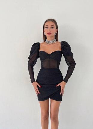 Женское черное яркое элегантное платье с имитацией корсета люрекс+сетка 2023