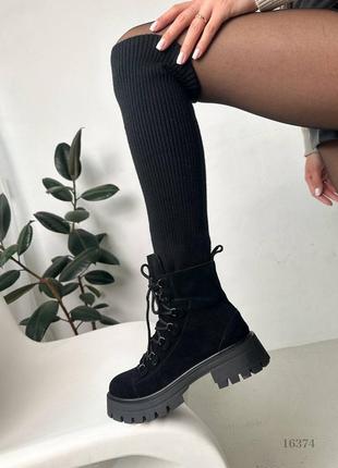 Натуральные замшевые зимние черные ботинки с текстильной чулкой 36р.5 фото