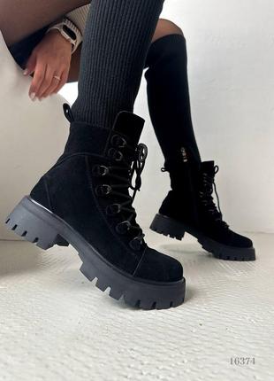Натуральные замшевые зимние черные ботинки с текстильной чулкой 36р.6 фото