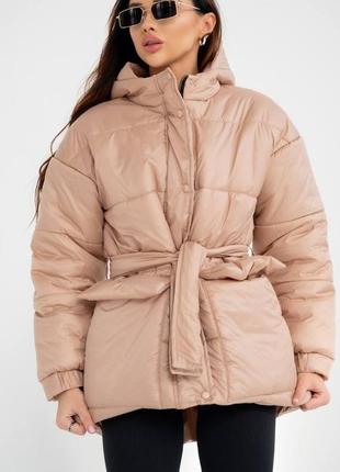 Теплая зимняя куртка пуффер с капюшоном, женский зимний пуфер на зиму с поясом4 фото