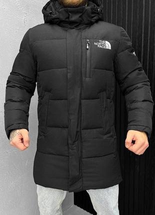 Теплая мужская удлиненная зимняя куртка с вышивкой в стиле тн tnf the north face качественная тепла на силиконе