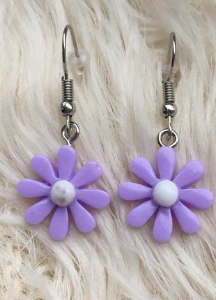 Серьги цветочки цветы фиолетовые сережки серёжки подвески висячие детские
