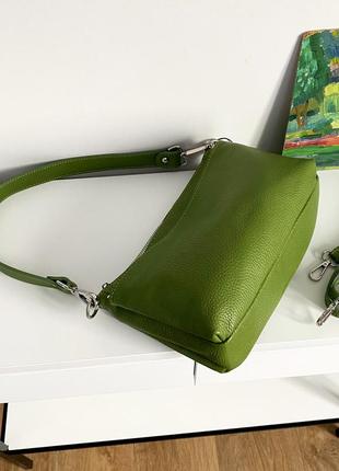 Зеленая стильна жіноча шкіряна сумка 3 відділення 2 ремені, італія5 фото