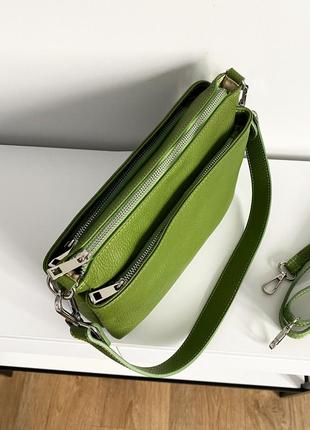 Зеленая стильна жіноча шкіряна сумка 3 відділення 2 ремені, італія7 фото