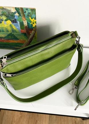 Зеленая стильна жіноча шкіряна сумка 3 відділення 2 ремені, італія3 фото