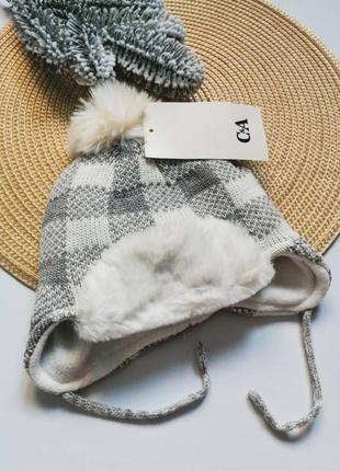 Зимняя серая шапка с балабоном 9-12 мес1 фото