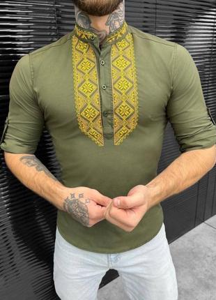Патріотична чоловіча сорочка hutsul з вишитим орнаментом вишиванка якісна лляна з льону4 фото