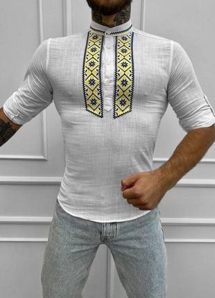 Патріотична чоловіча сорочка hutsul з вишитим орнаментом вишиванка якісна лляна з льону5 фото
