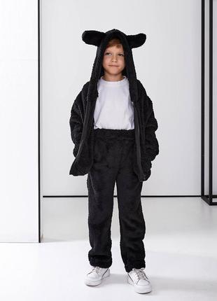 Пижама детская махровая оверсайз худи на молнии с карманами с капишоном брюки на высокой посадке графитовая черная2 фото