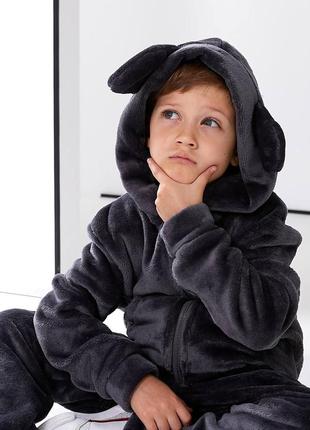 Пижама детская махровая оверсайз худи на молнии с карманами с капишоном брюки на высокой посадке графитовая черная9 фото