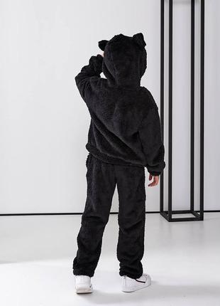 Пижама детская махровая оверсайз худи на молнии с карманами с капишоном брюки на высокой посадке графитовая черная6 фото