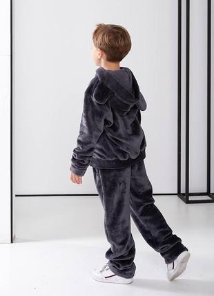 Пижама детская махровая оверсайз худи на молнии с карманами с капишоном брюки на высокой посадке графитовая черная10 фото