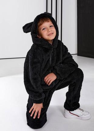 Пижама детская махровая оверсайз худи на молнии с карманами с капишоном брюки на высокой посадке графитовая черная5 фото