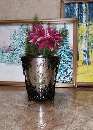 Ваза винтаж германия стекло металл кованая ваза в металлической подставке с эффектом состаренности5 фото