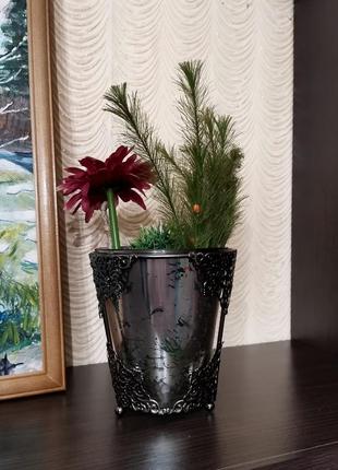 Ваза винтаж германия стекло металл кованая ваза в металлической подставке с эффектом состаренности8 фото