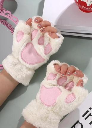 Белые перчатки лапки, плюшевые варежки кошачьи лапки