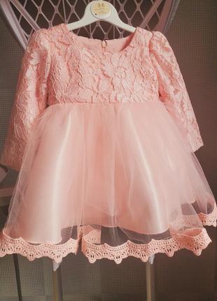 Дитяча гарна рожева ошатна пишна сукня з довгим рукавом на 1 рік рочок 12 місяців на день народження свято фотосесію весілля7 фото