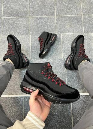 Мужские зимние кроссовки на меху, высокие, черные с красным4 фото