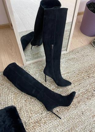 Сапоги кожаные черные, с острым носком на каблуке заколка 9см, демисезонные, зимние9 фото