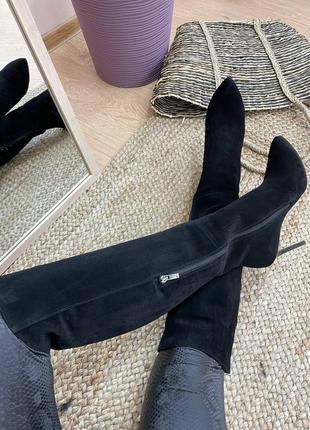 Сапоги кожаные черные, с острым носком на каблуке заколка 9см, демисезонные, зимние10 фото