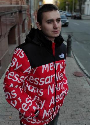 Зимний пуховик supreme x the north face tnf красный мужской / женский2 фото