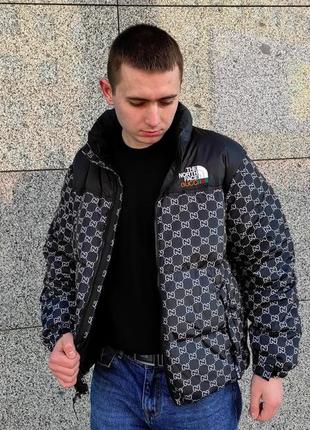 Зимний пуховик the north face x gucci black черный мужской / женский2 фото