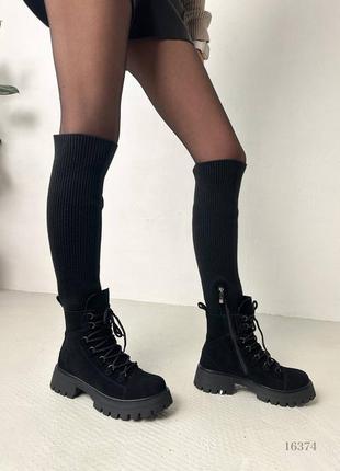 Черные натуральные замшевые текстильные зимние ботинки сапоги чулки ботфорты на шнурках шнуровке толстой подошве зима вязка с вязкой5 фото