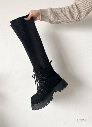 Черные натуральные замшевые текстильные зимние ботинки сапоги чулки ботфорты на шнурках шнуровке толстой подошве зима вязка с вязкой7 фото