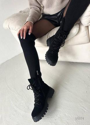 Черные натуральные замшевые текстильные зимние ботинки сапоги чулки ботфорты на шнурках шнуровке толстой подошве зима вязка с вязкой8 фото