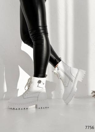 Трендовые белые женские ботинки берцы зимние на массивной подошве кожаные с мехом,натуральная кожа6 фото