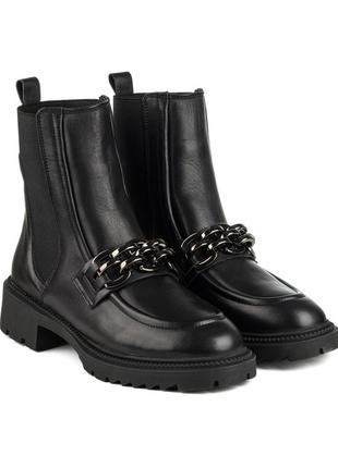 Ботинки челси женские кожаные зимние черные на платформе и широком каблуке, с мехом 1157цп