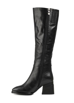 Сапоги женские зимние кожаные на толстом каблуке, с острым носком с мехом черные 1694ц3 фото