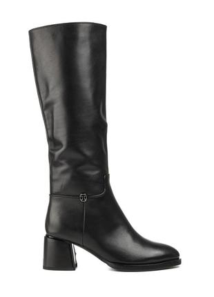 Сапоги женские кожаные зимние с мехом,на среднем удобном каблуке черные 1719ц