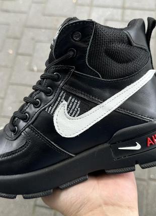 Черевики зимові nike black з натуральної шкіри . зимние кожаные ботинки найк в спортивном стиле на замке чёрные хаки7 фото