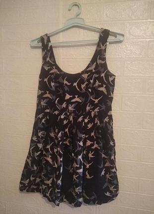 Платье, платье, сарафан темно-синий в принт с птичками