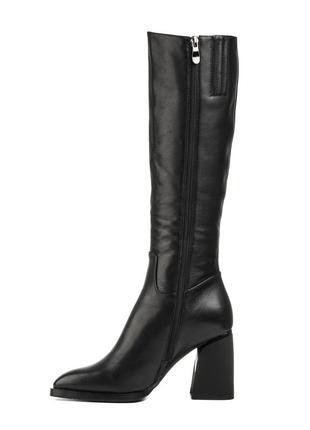 Сапоги женские кожаные зимние на толстом каблуке с острым носком черные 1687ц4 фото