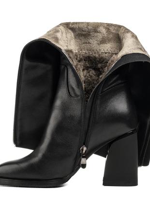 Сапоги женские кожаные зимние на толстом каблуке с острым носком черные 1687ц6 фото