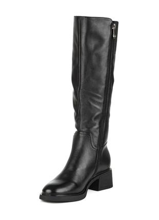 Сапоги женские кожаные зимние на среднем толстом каблуке с мехом черные 1718ц4 фото