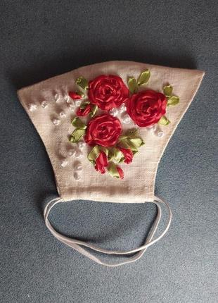 Маска многоразовая льняная "лен и розы" вышивка лентами6 фото