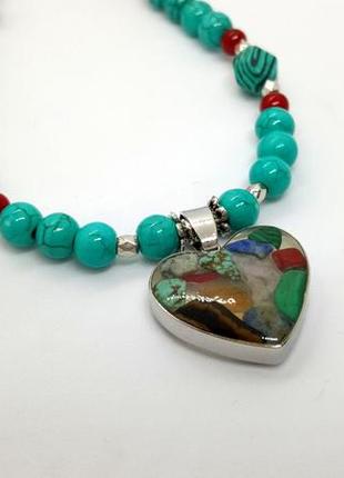 ❤️💙 яркое колье-ожерелье с подвеской сердце натуральные камни бирюза-говлит4 фото